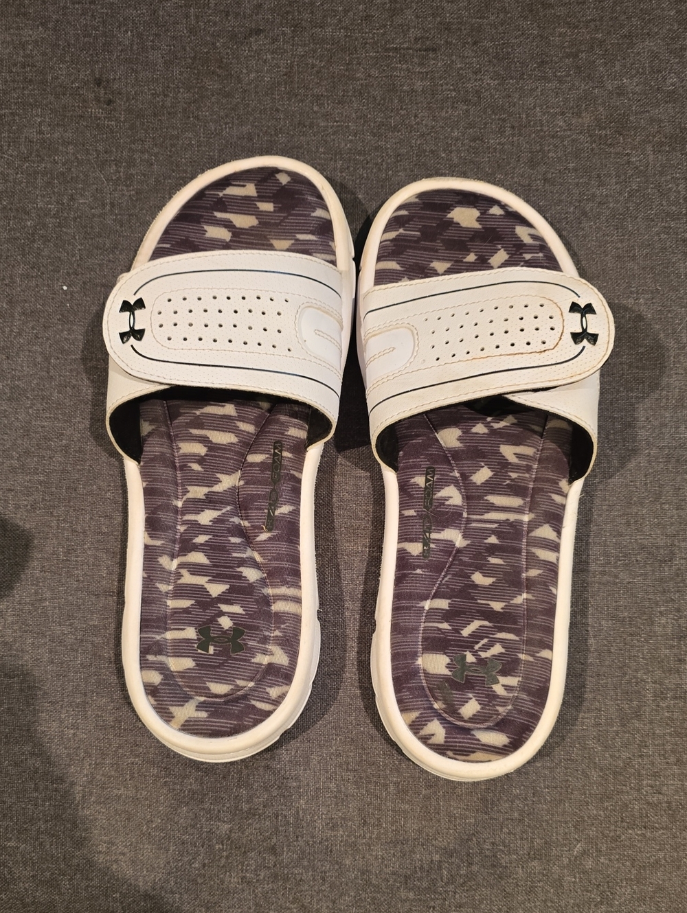 Under Armour White Slide Sandals with Purple Patterned Footbed